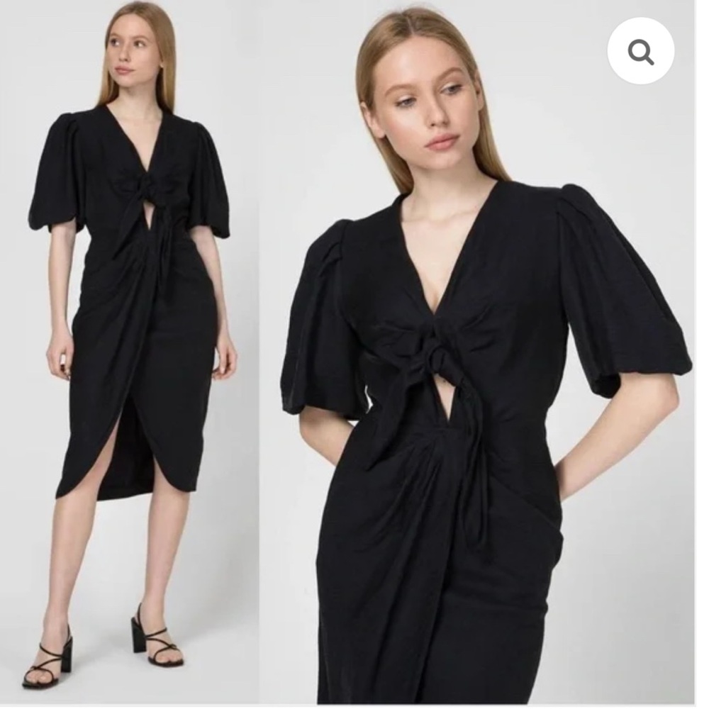 Sandro Black Midi Dress with Puff Sleeves - Picture 2 of 6